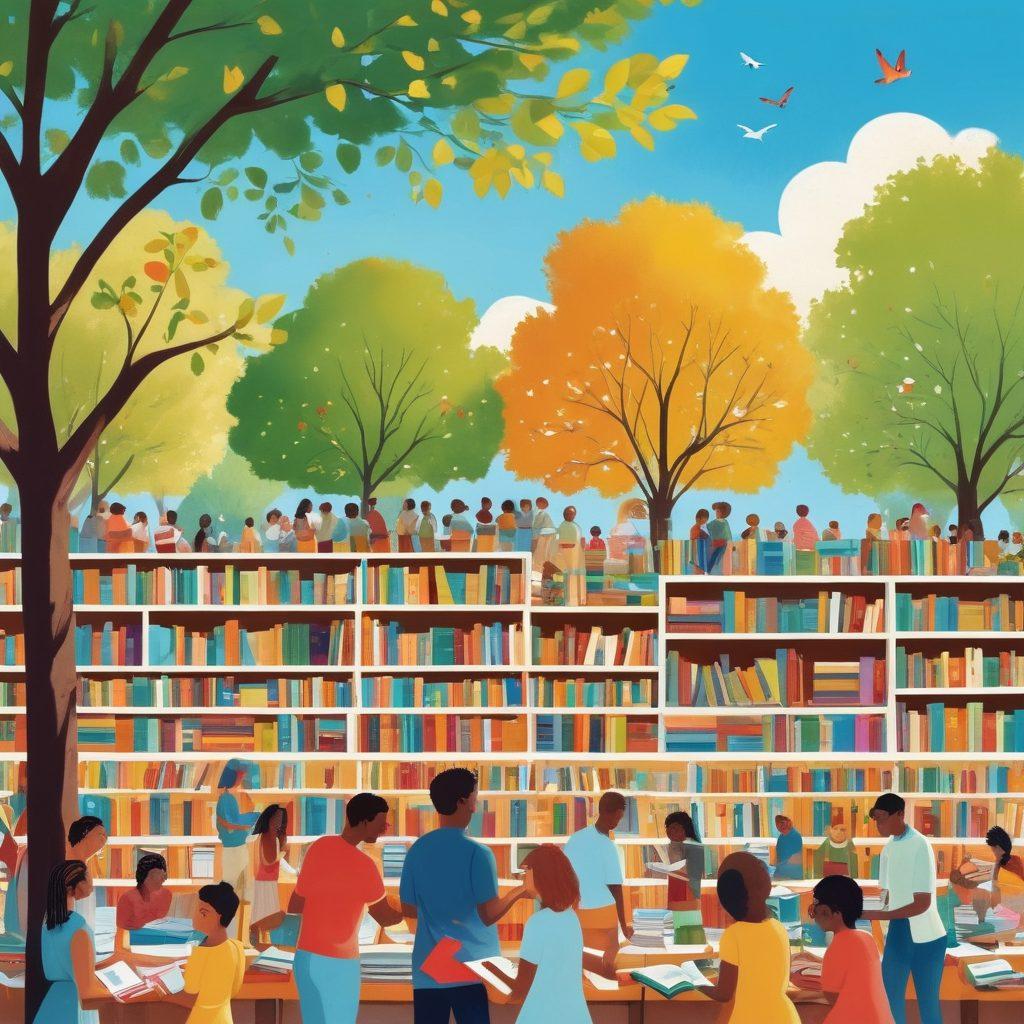 A collage of diverse people joyfully exchanging books in a sunny park, surrounded by shelves of colorful books, with a backdrop of trees and a clear blue sky. Include visuals of open books, donation boxes filled with literature, and icons symbolizing buying back books. Emphasize community, sharing, and the love of reading. whimsical illustration. vibrant colors. soft focus.